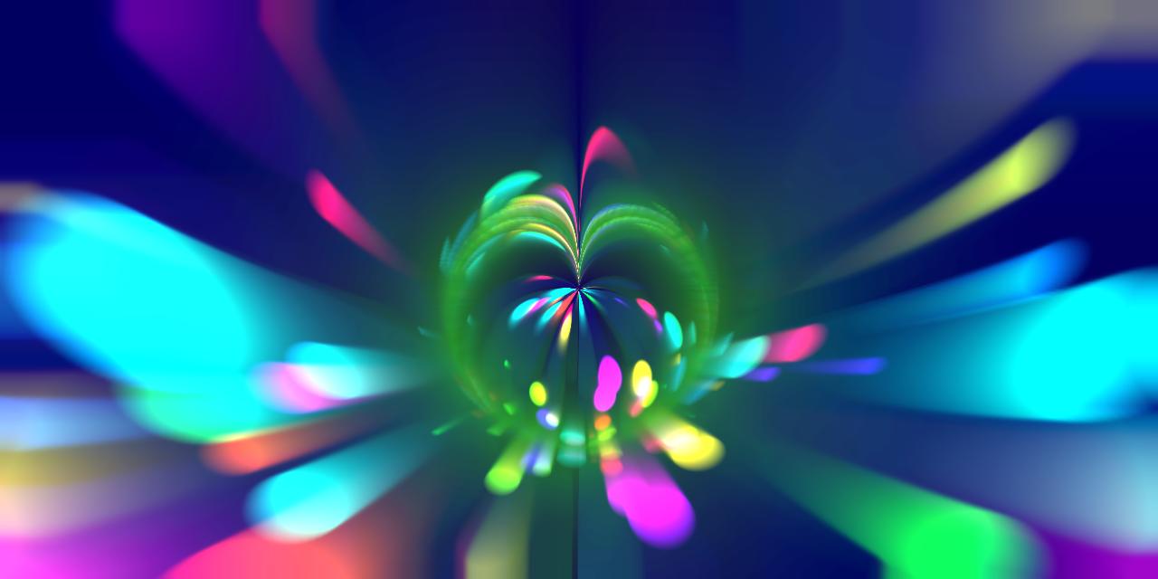 Screenshot from a Flitter program showing colourful distorted ellipse shapes with trails moving outwards from the centre of the screen.