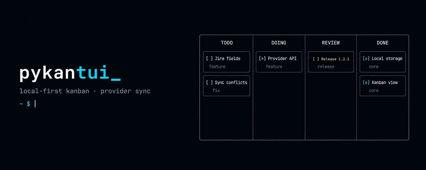 pykantui — local-first terminal kanban syncing a task across provider states