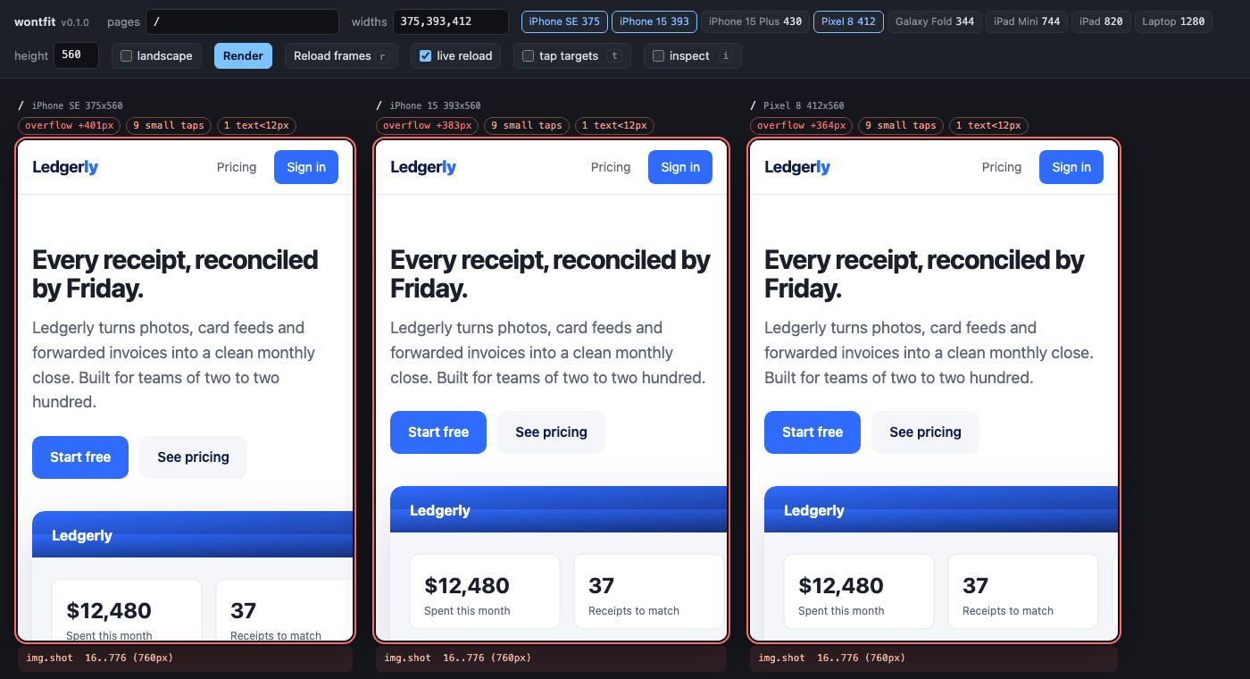 Three copies of a landing page at iPhone SE, iPhone 15 and Pixel 8 widths, each flagged for horizontal overflow