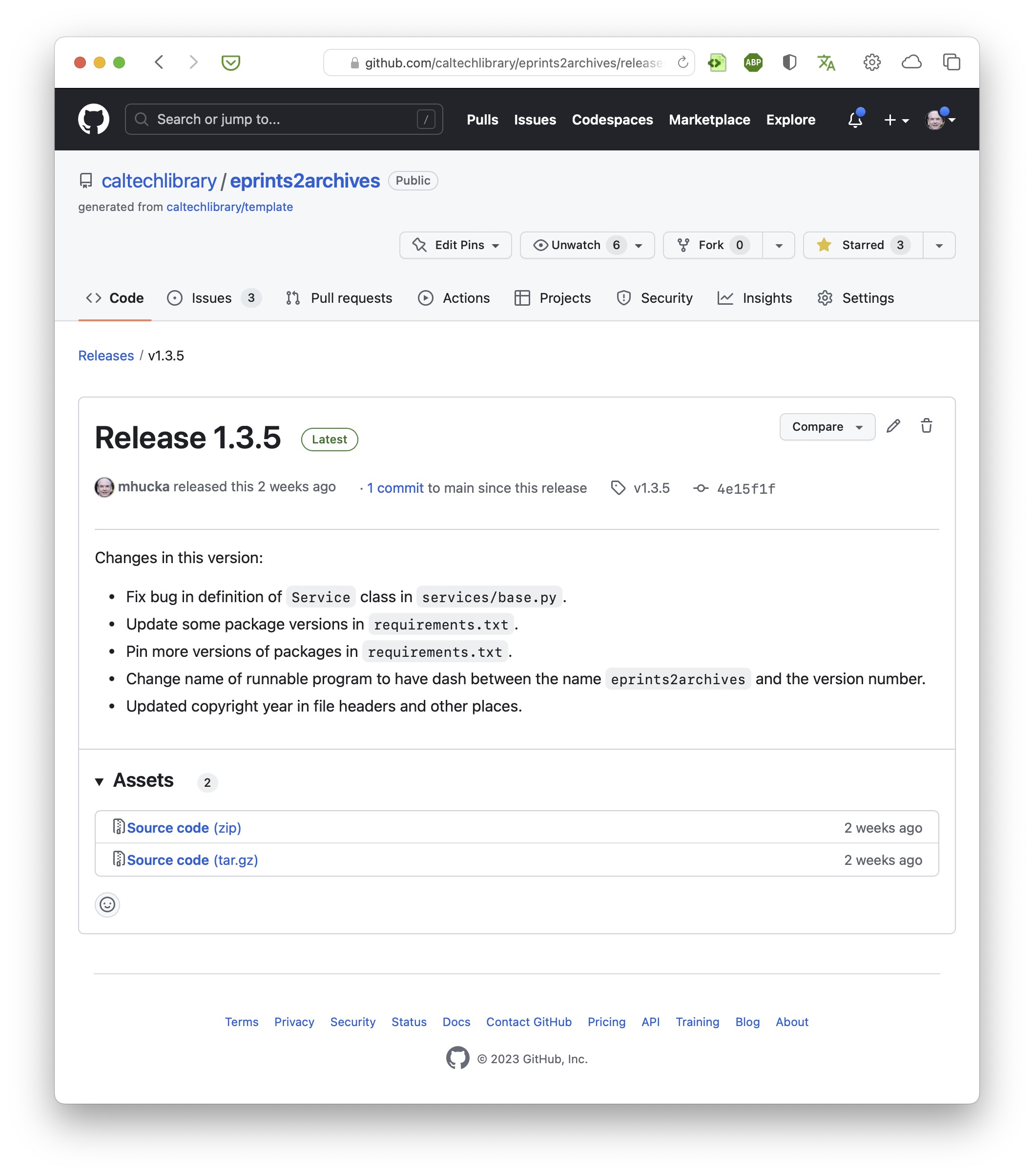 Screenshot of a software release in GitHub
