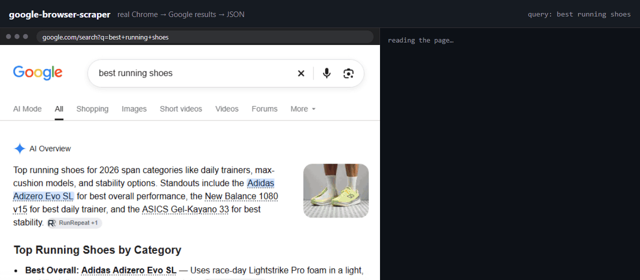 A real Chrome window showing Google results next to the JSON the scraper produced for them