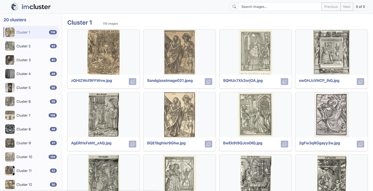 Example imcluster gallery showing clustered image cards and navigation