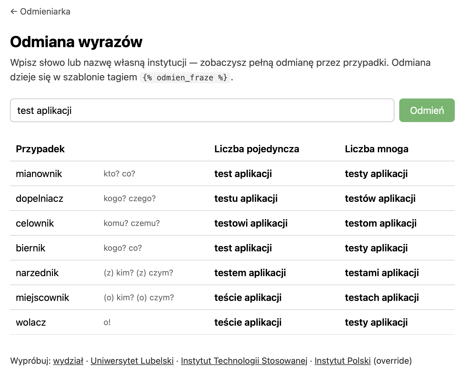 Odmieniarka — przykładowy projekt: pełna tabela odmiany przez przypadki