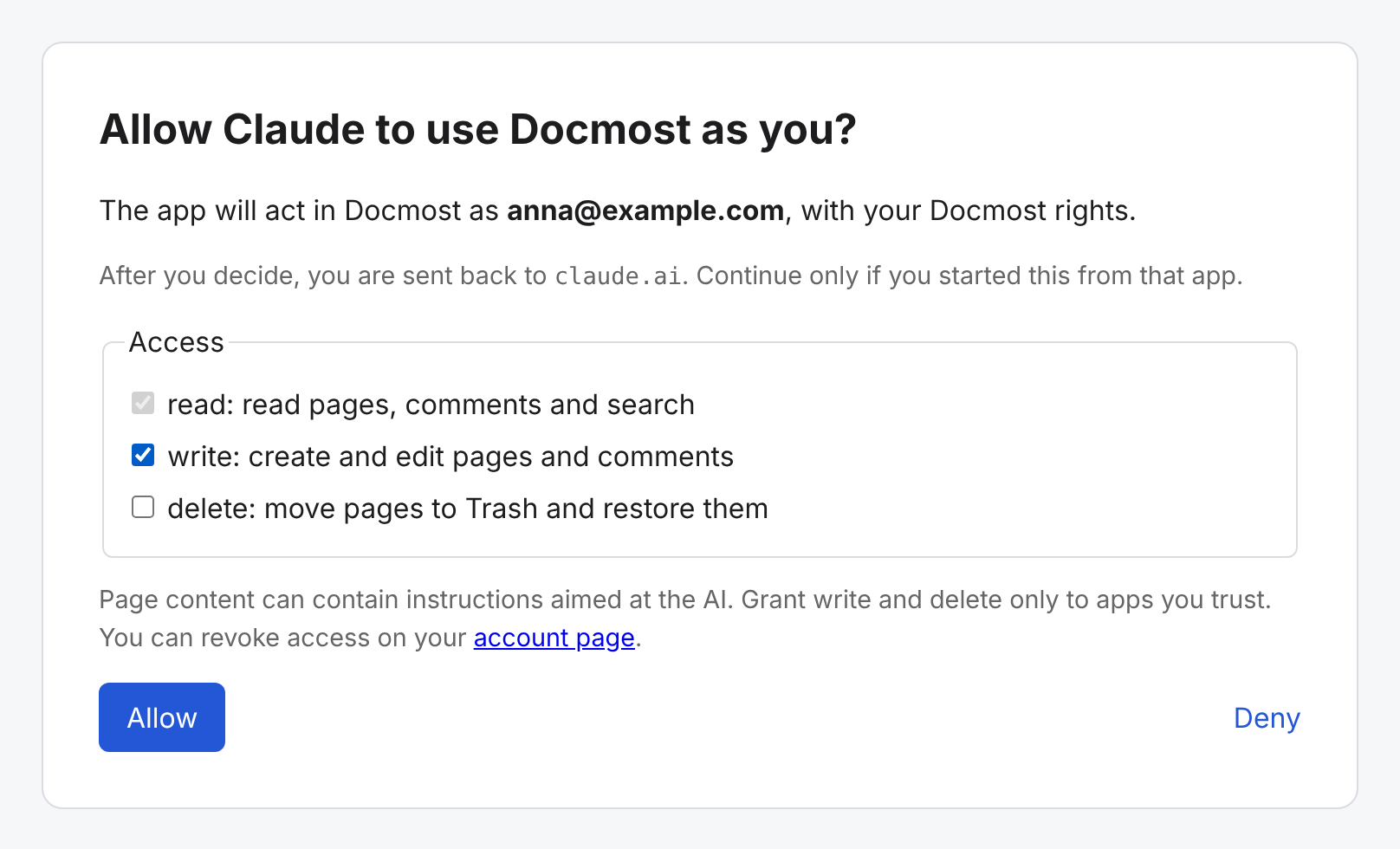 The consent page: allow Claude to use Docmost as you, with read, write and delete scopes