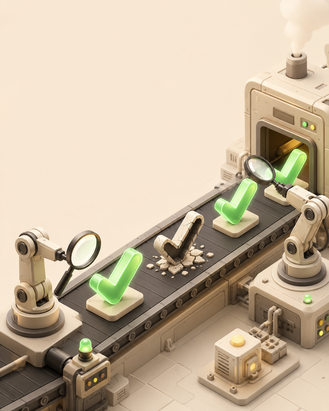 Robotic magnifiers inspect green checks and a deliberately broken check on a conveyor.