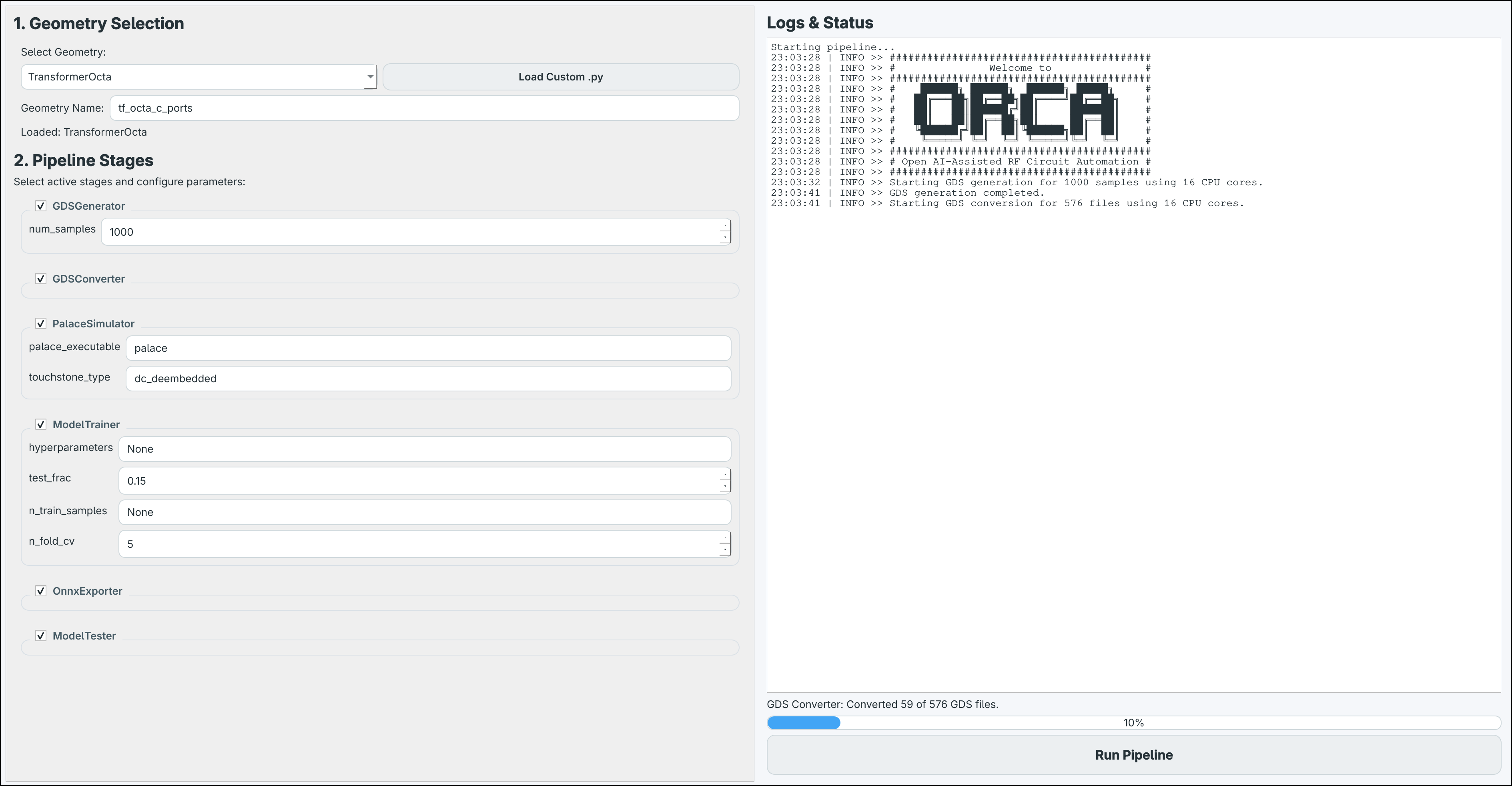ORCA pipeline overview: parametric GDS generation, Palace EM simulation, PyTorch training and ONNX export of an RFIC component surrogate model