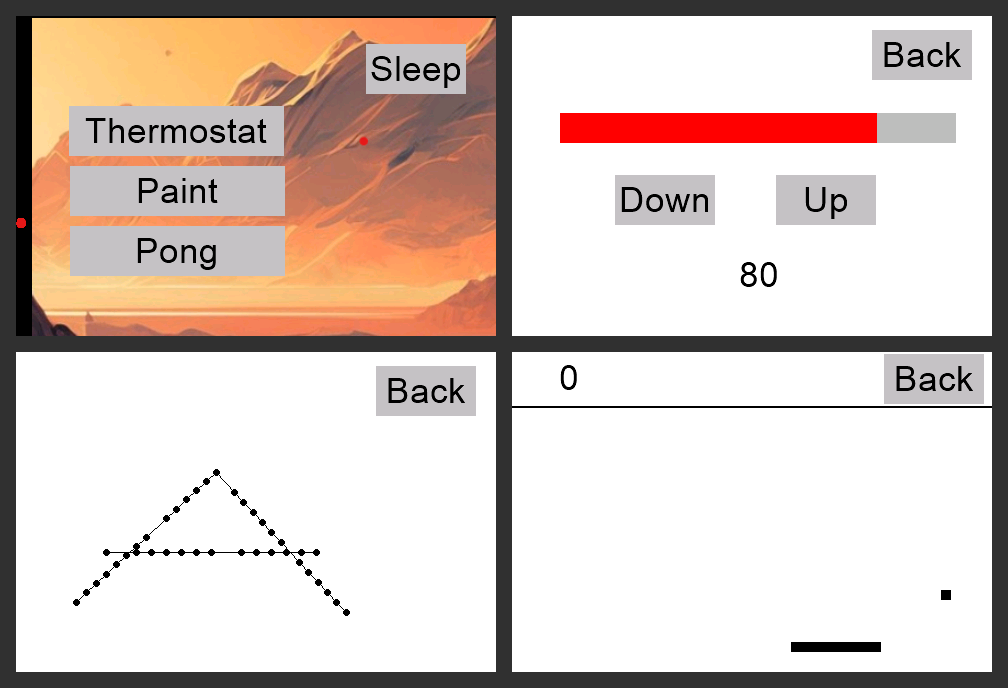 The demo's menu, thermostat, paint and pong pages, as the emulator draws them