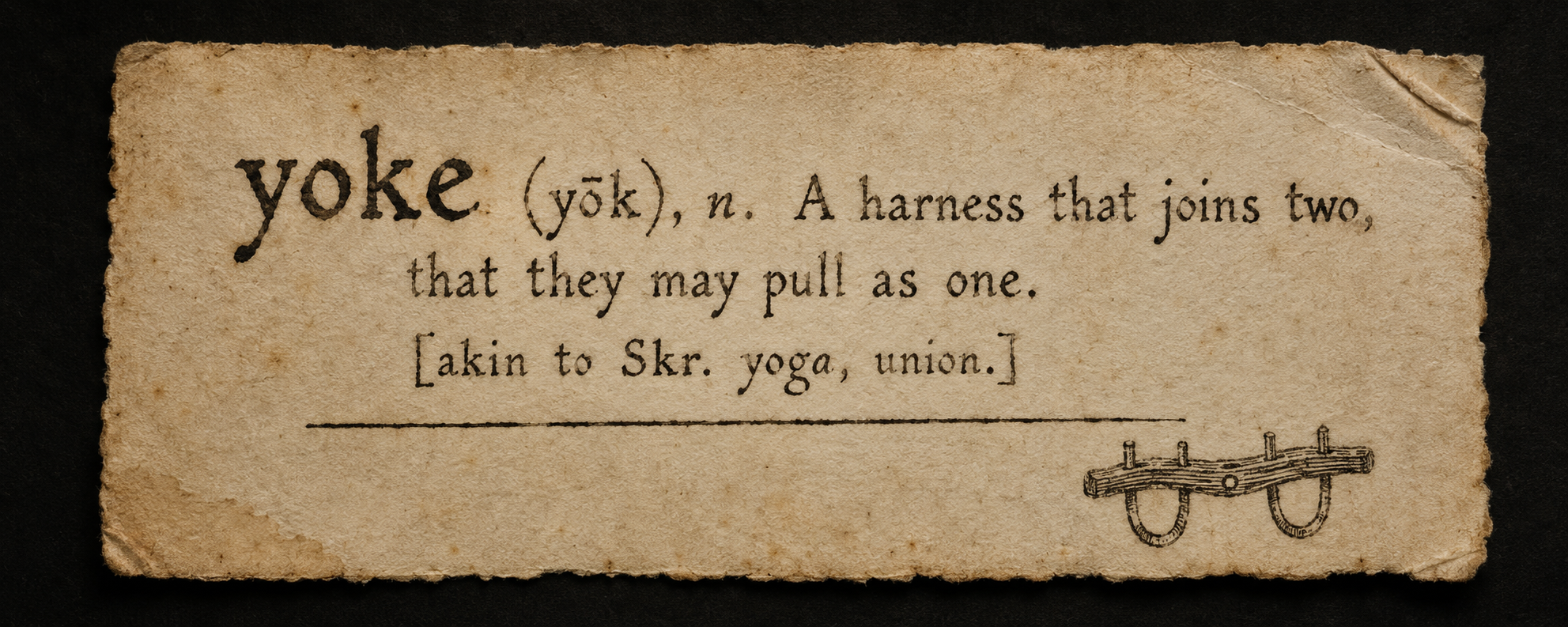yoke (yōk), n. A harness that joins two, that they may pull as one. [akin to Skr. yoga, union.]
