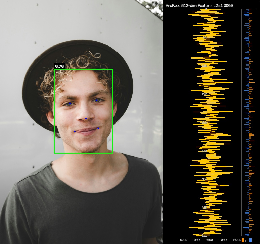 InsightFace ArcFace visualization of RetinaFace detections alongside a vertical voiceprint-style 512-dim embedding spectrum