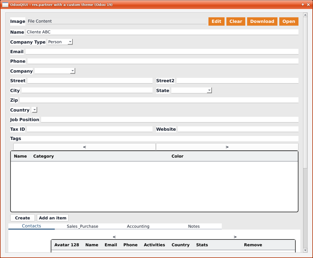 The res.partner form with the palette above