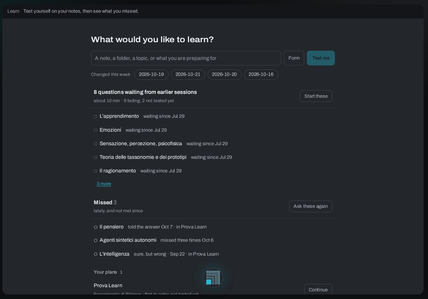 The Learn tab: questions waiting from earlier sessions, the ones missed, and study plans