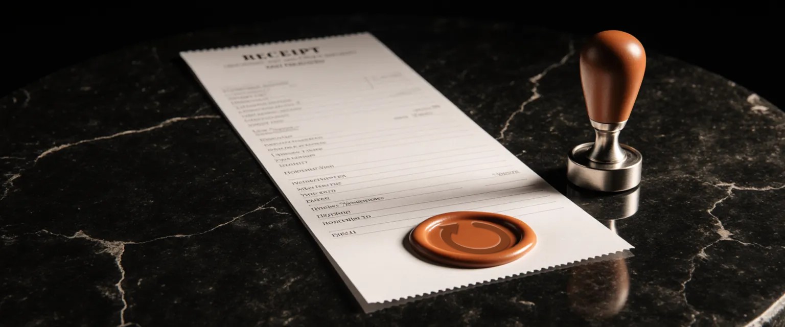 A receipt on an obsidian desk, sealed in terracotta wax pressed with the Jeffy Loop mark.