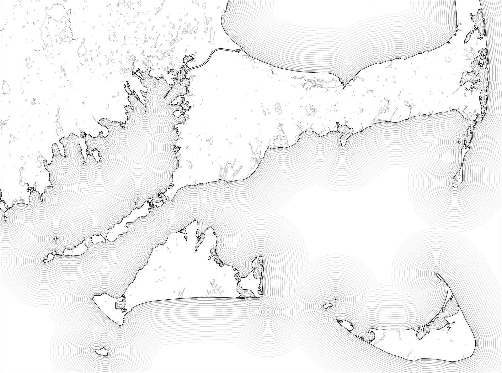 Cape Cod, Martha's Vineyard and Nantucket: the shoreline, and lines following it out to sea