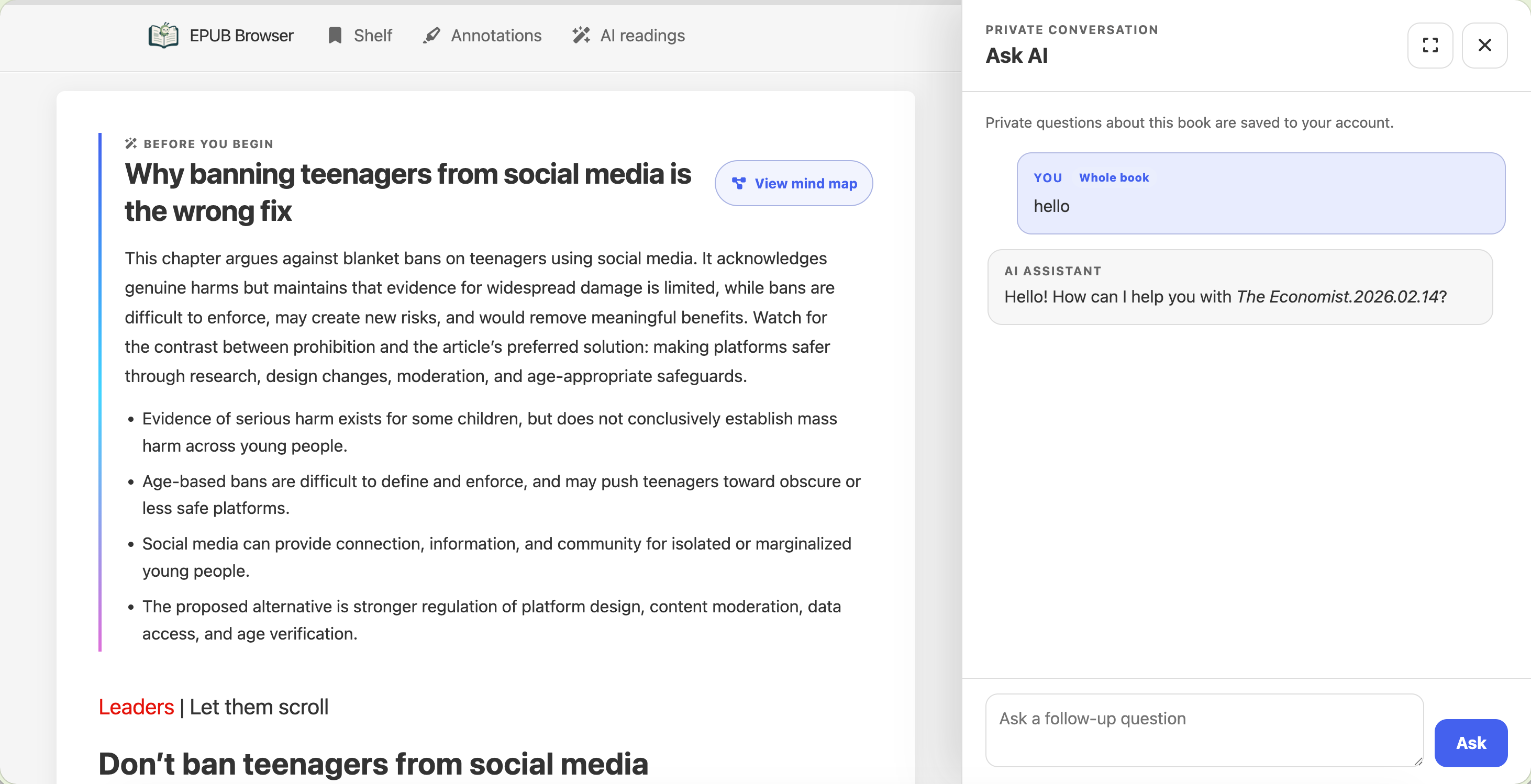 A chapter guide stays with the original text while Ask AI remains available in a private drawer.