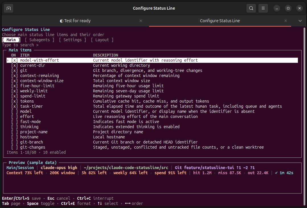 Linux external TUI Main page with sample preview