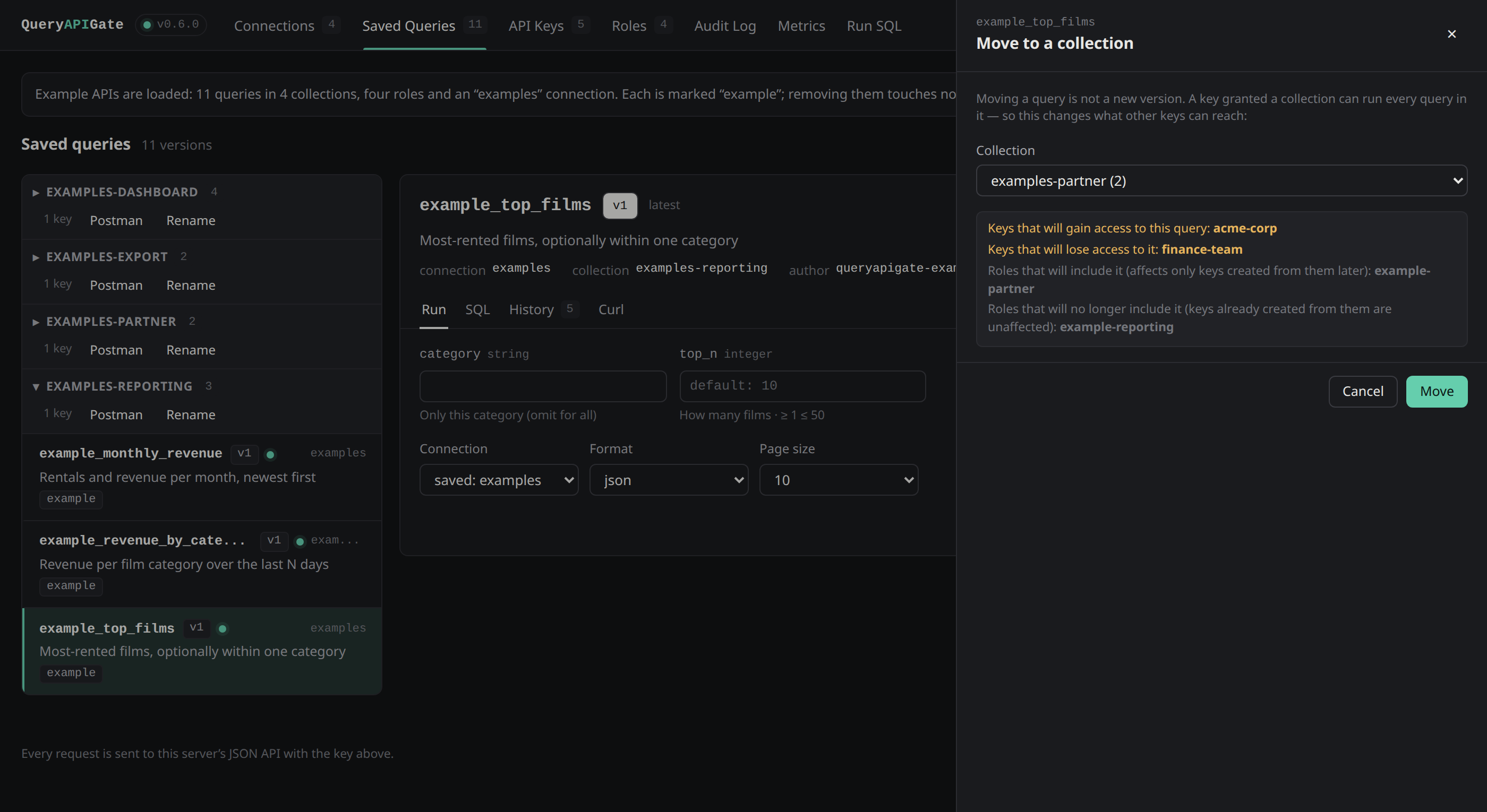 The Move to a collection drawer: choosing a collection previews which API keys will gain access to the query and which will lose it, and which roles will include it