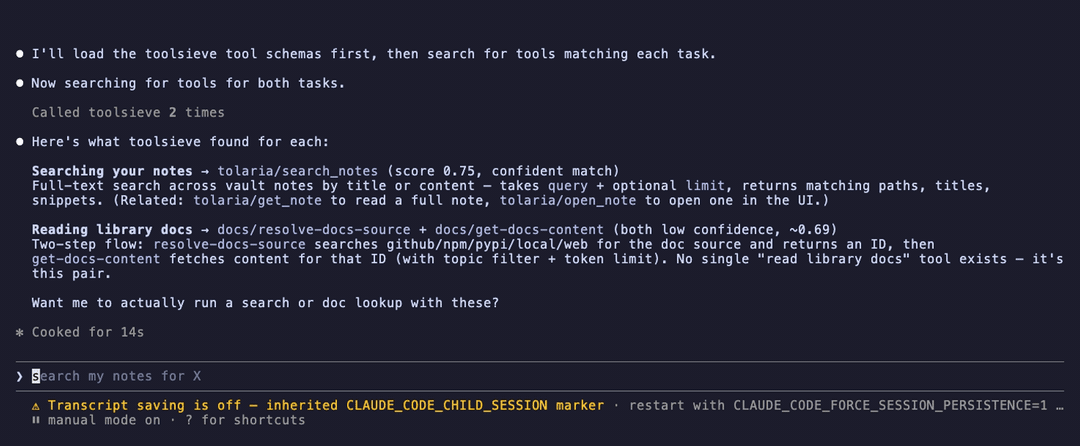 toolsieve running in Claude Code