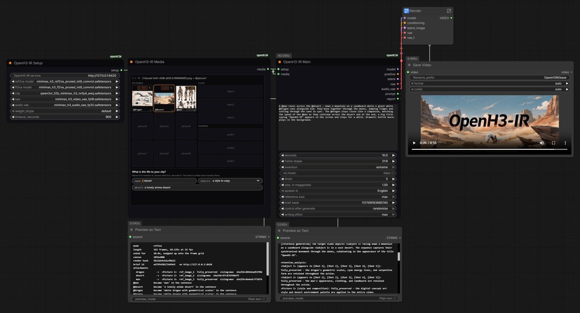 The three OpenH3-IR nodes on a ComfyUI canvas, tray holding three named pictures, wired to a box called Render and a save that is playing the finished title card