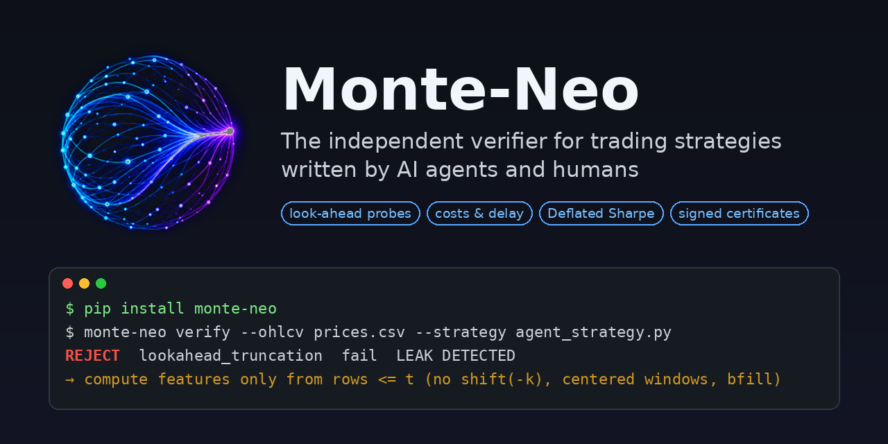 Monte-Neo: the independent verifier for trading strategies written by AI agents and humans