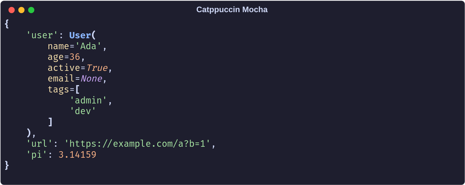 Python objects in the Catppuccin Mocha theme