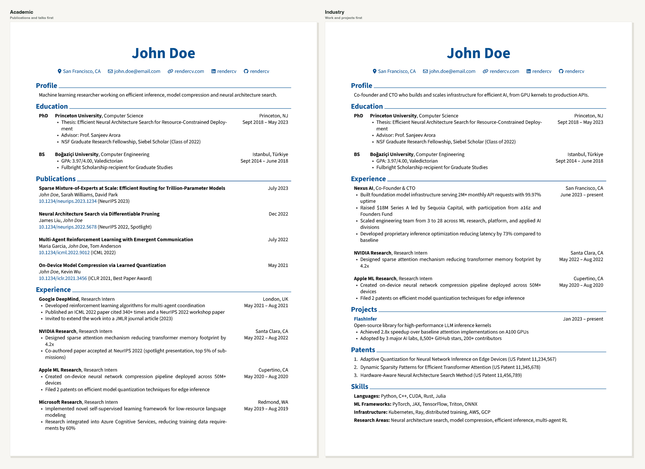 The same CV content shaped into an academic version and an industry version