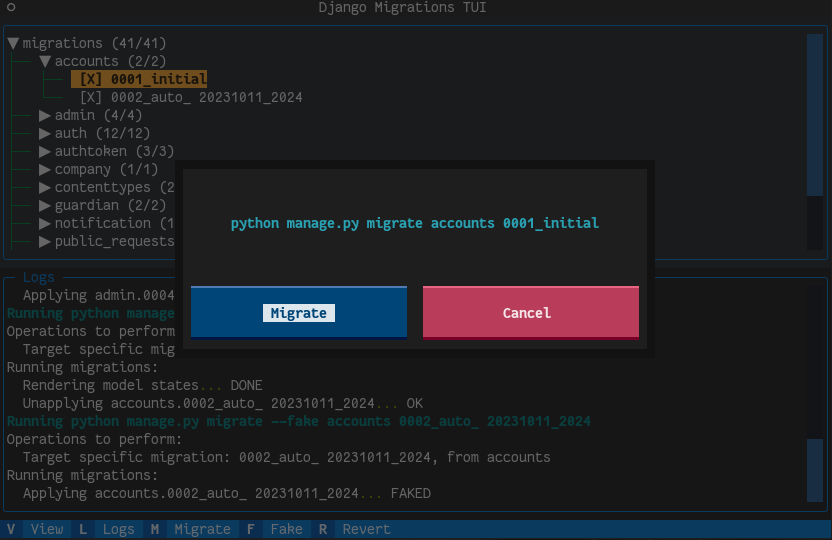 Screenshot of django-migrations-tui