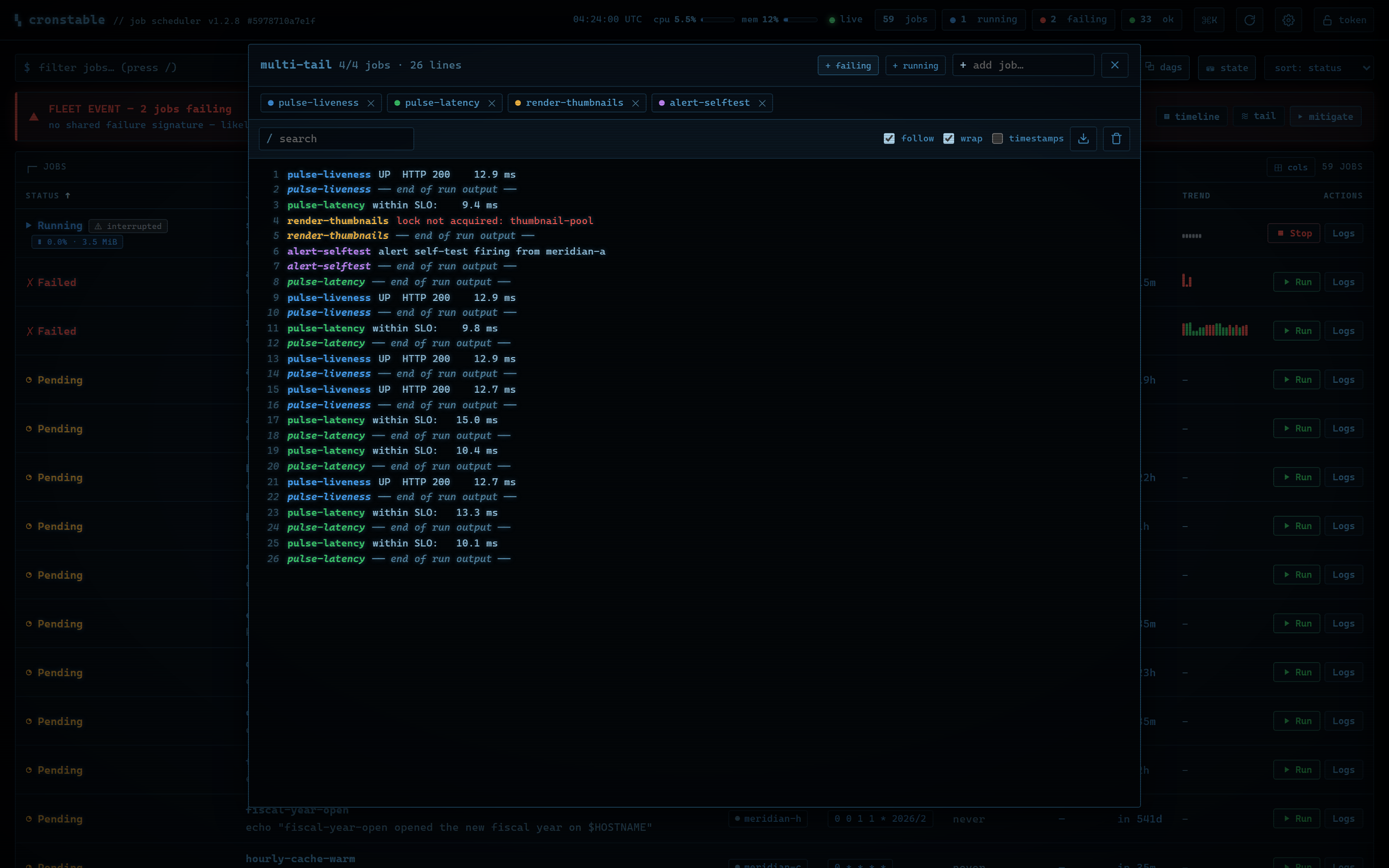 The multi-tail console merging four jobs' live logs with identity colors and end-of-run markers