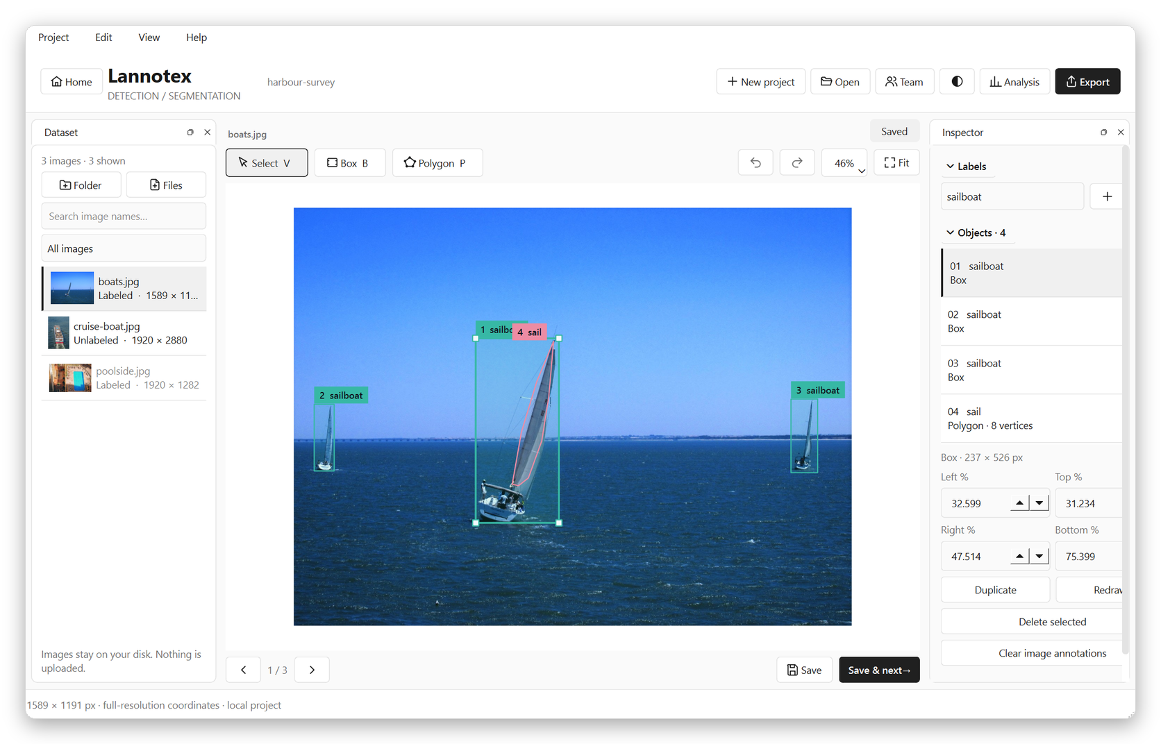 Lannotex workspace in light theme with a polygon and a box on a coffee cup