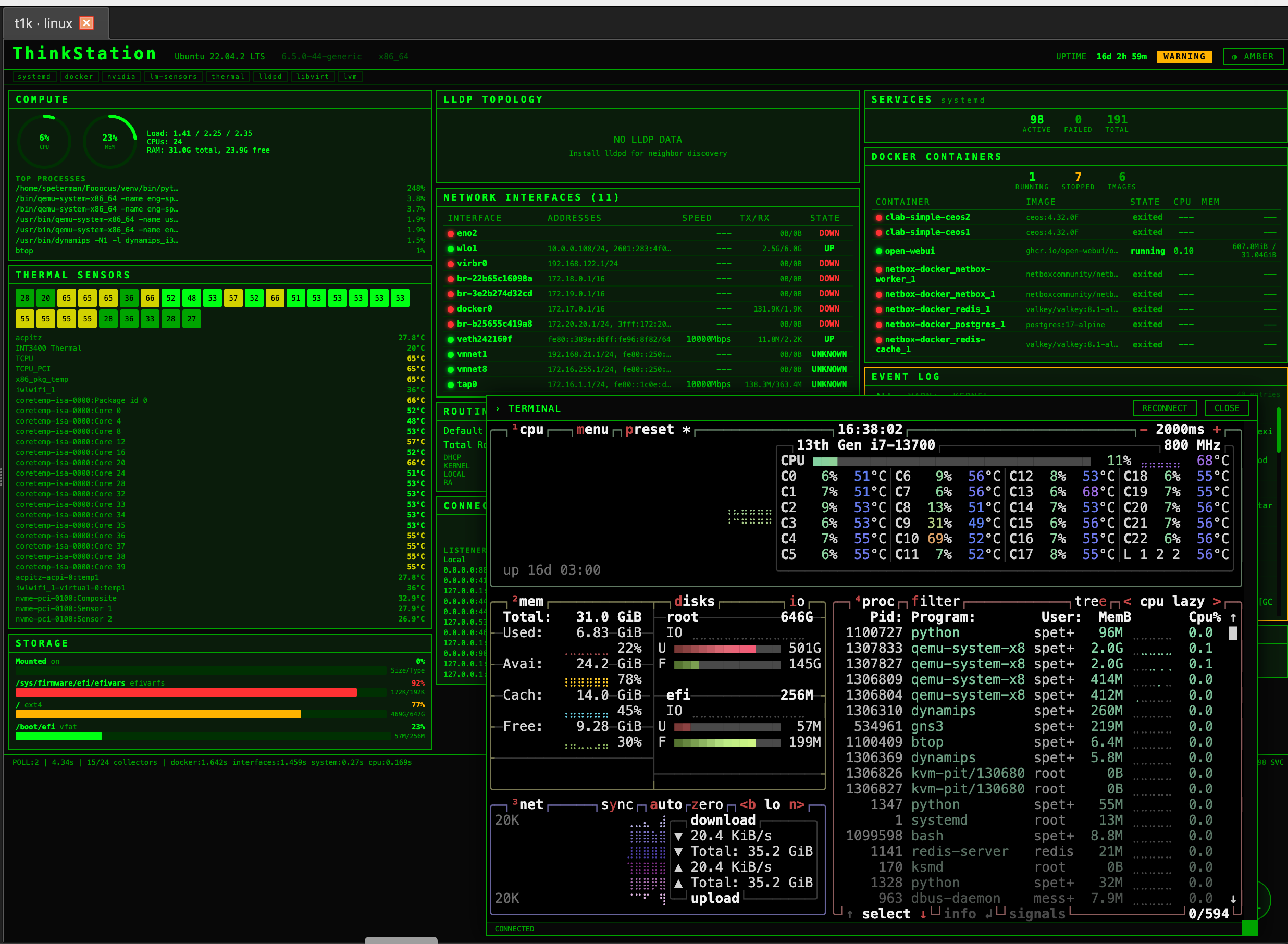 Linux HUD with an embedded terminal running btop over the same SSH session