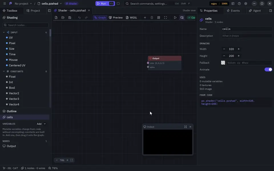 Building a shader by connecting nodes in the Shader view, with a live preview
