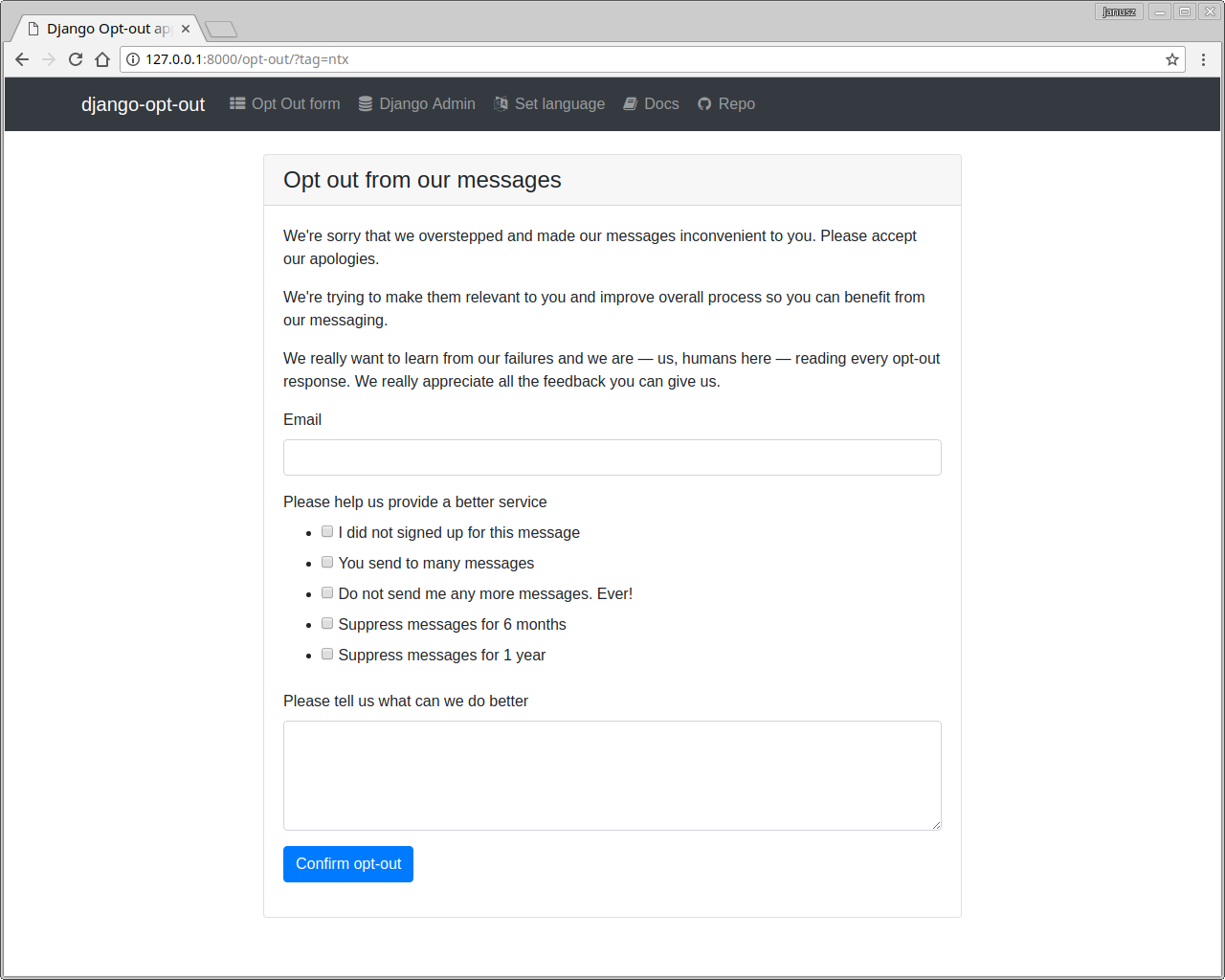 Deploy Django Opt-out example project to Heroku