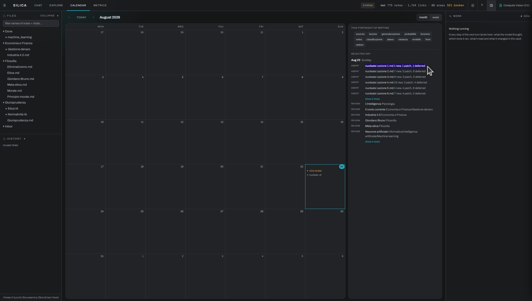 A month view with one day selected, listing that day's agent runs and the notes due for review