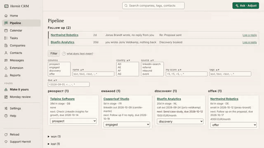 Hermit CRM: the pipeline, a company with its drafts and timeline, the calendar and the reports