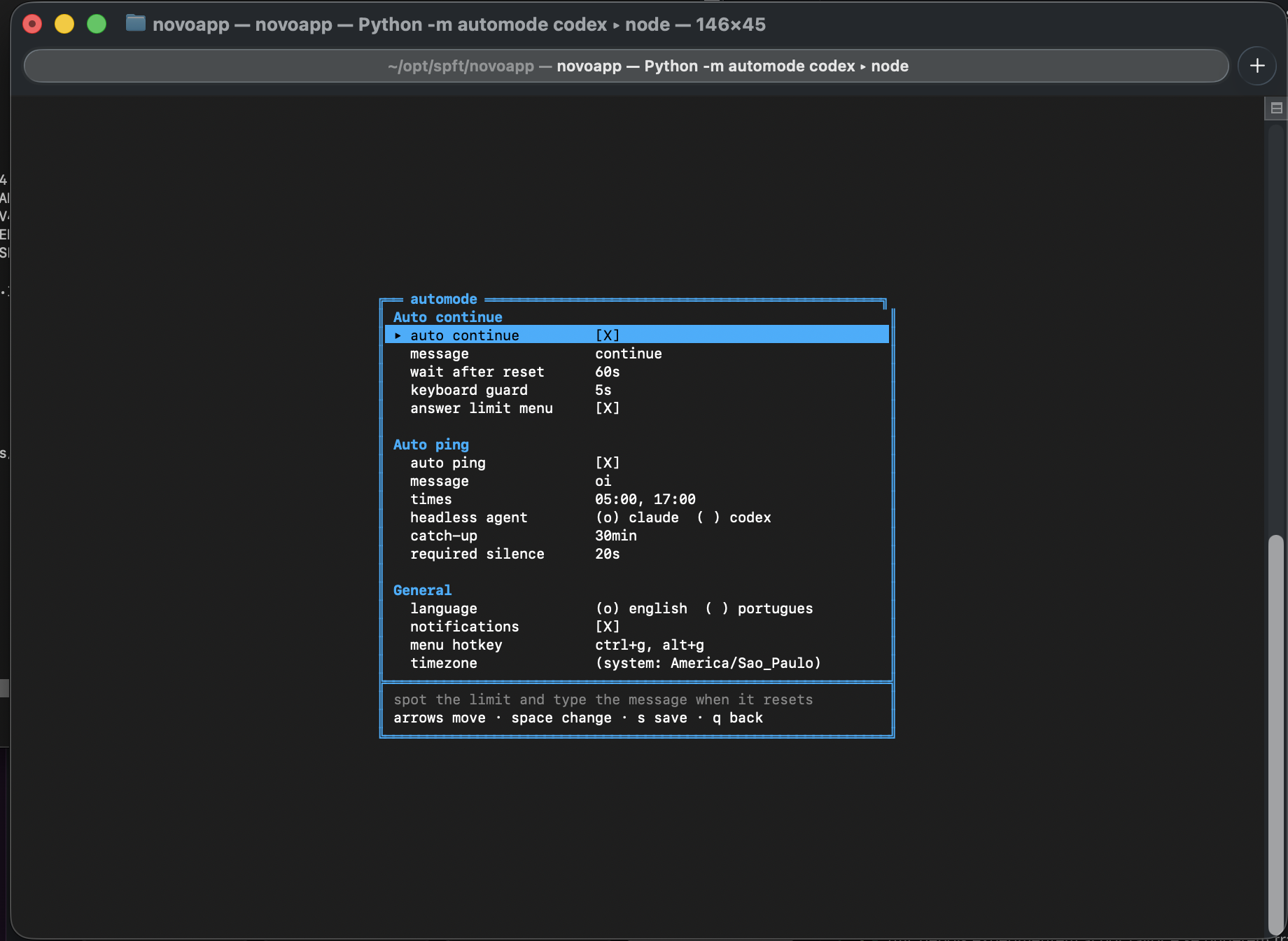 The automode menu over Codex