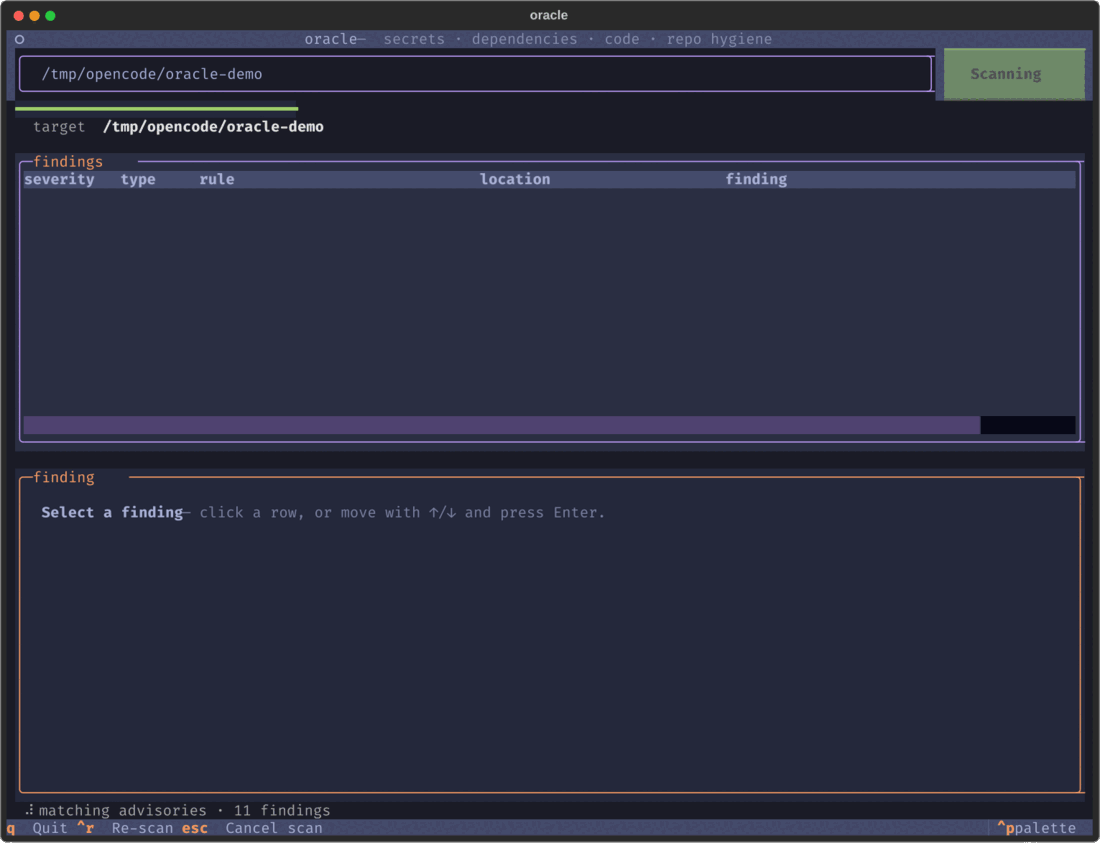 The oracle console: scanning a repository, then browsing findings with the detail pane