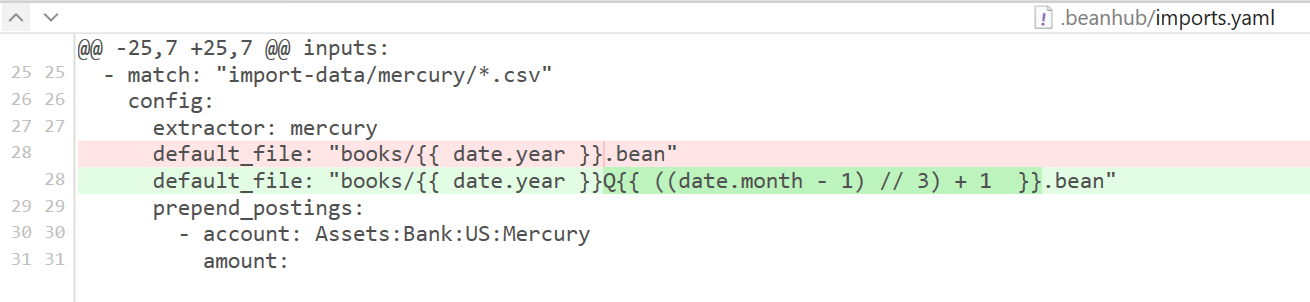Git diff screenshot showing default_file changed to output quater file names instead of just year