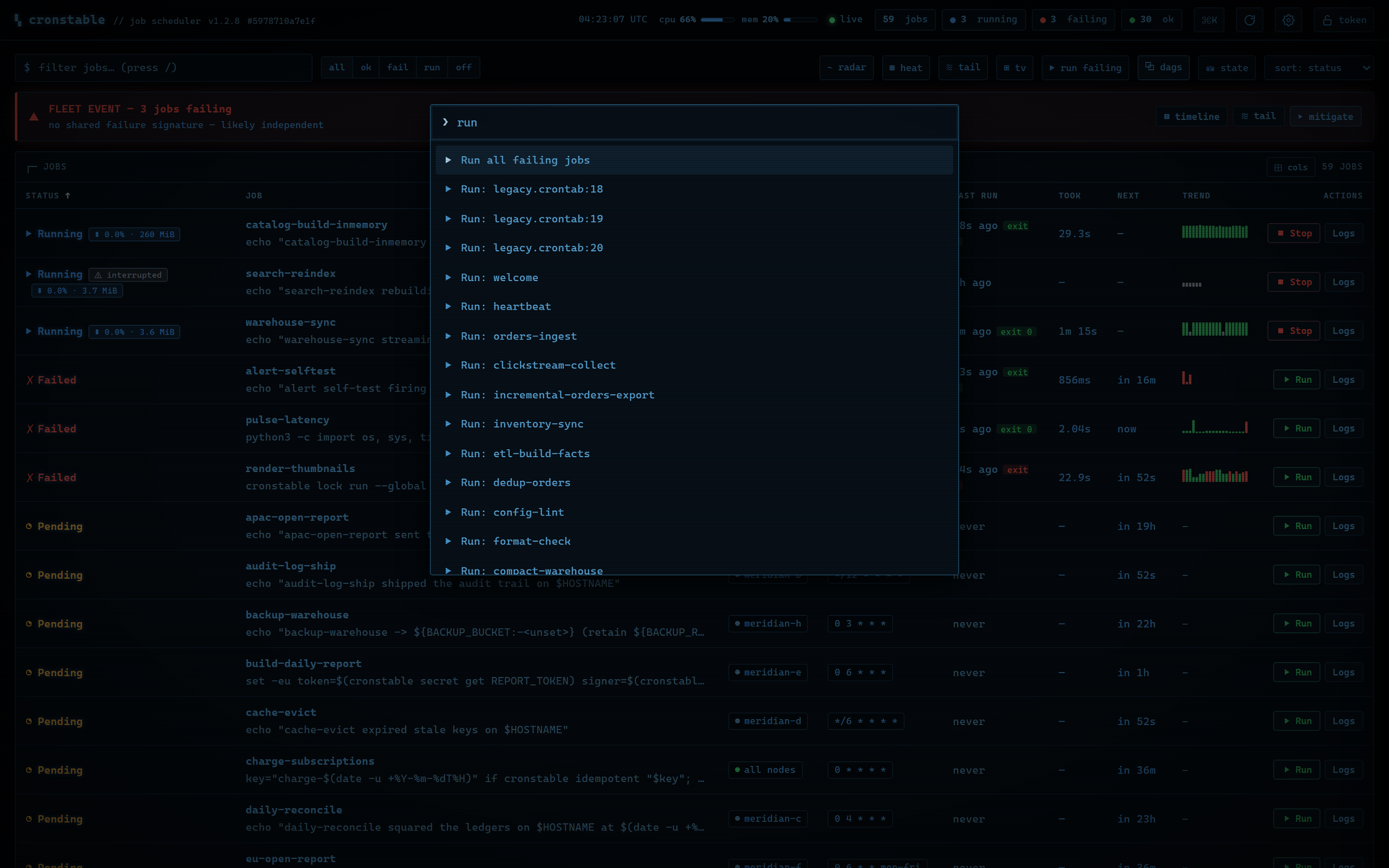 A fuzzy command palette listing run and log actions for each job