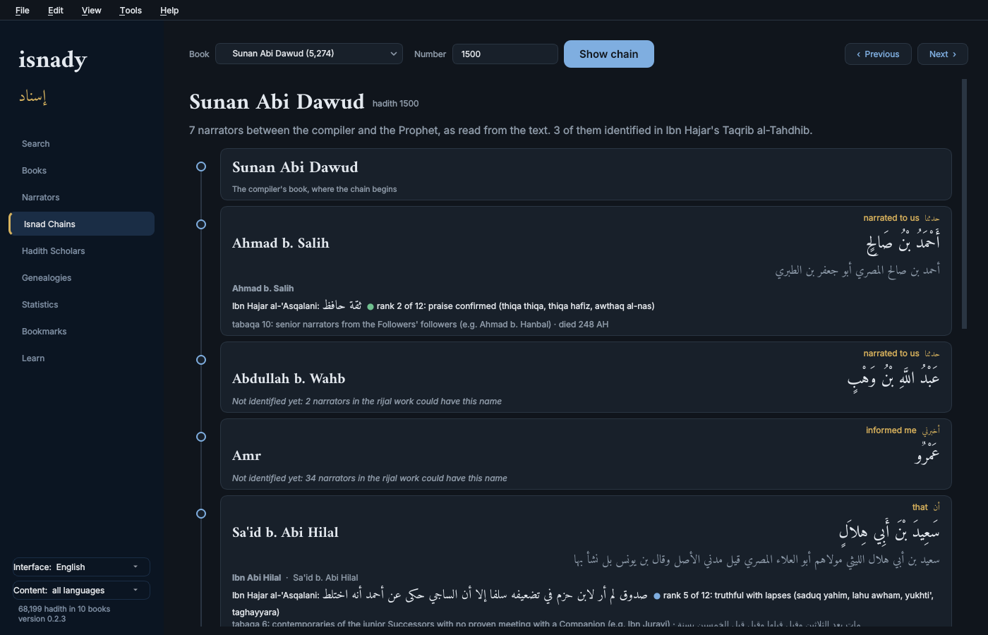 Dark theme — a seven-narrator chain from Sunan Abi Dawud