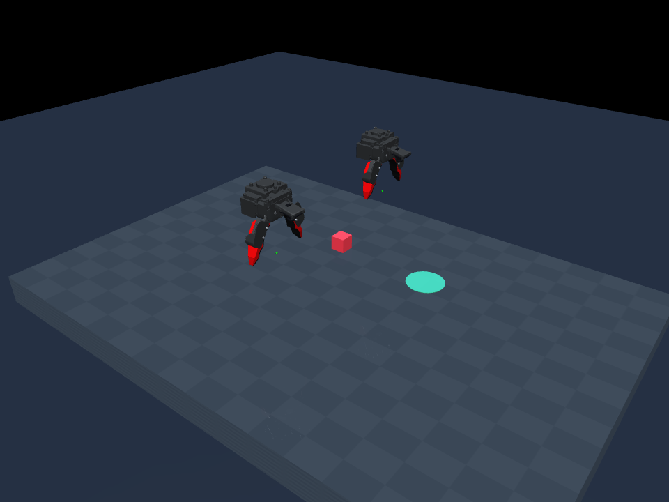 Two YUBI grippers above a table with a red cube and a goal marker