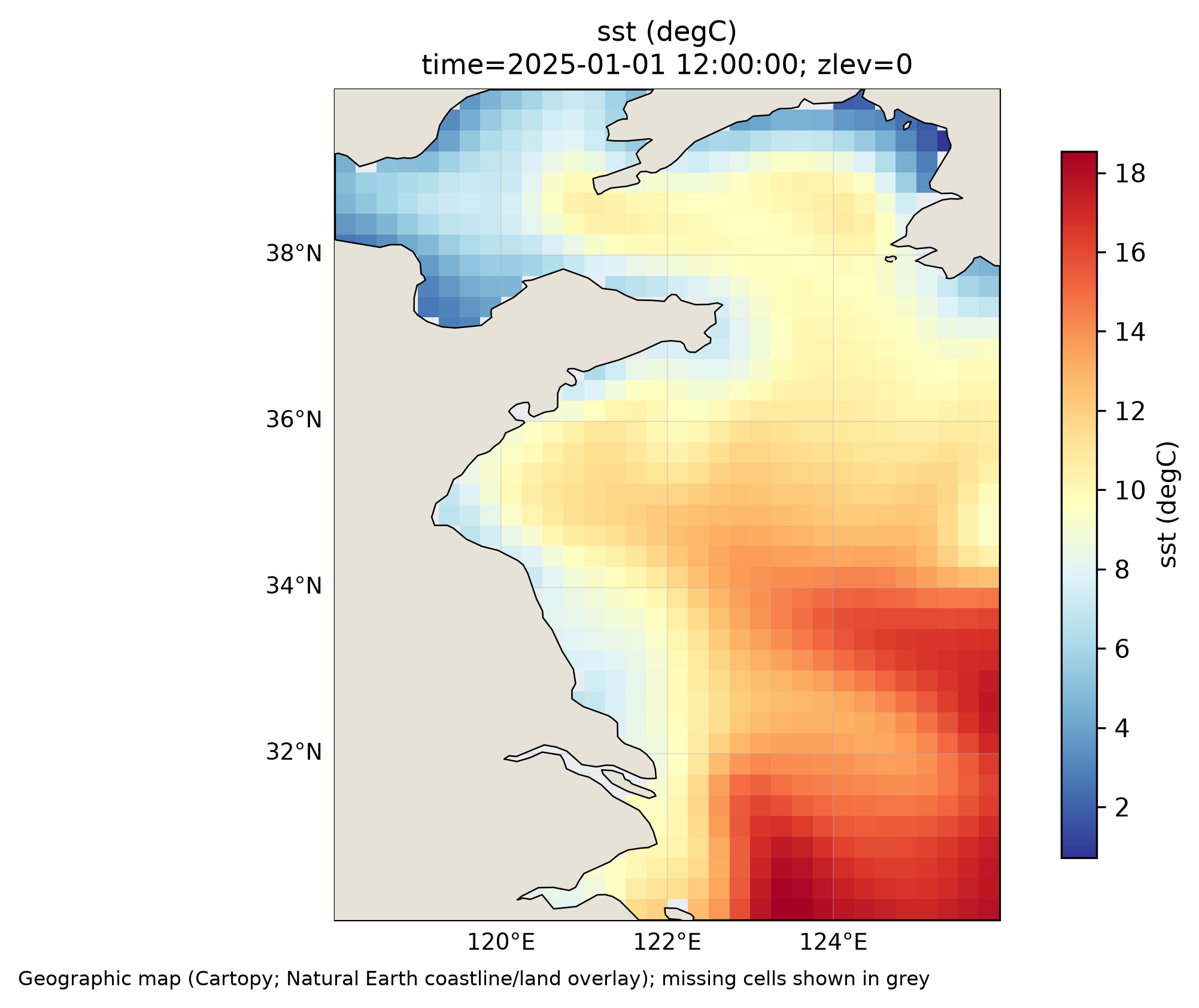 NOAA OISST subset: Yellow Sea, January 1, 2025