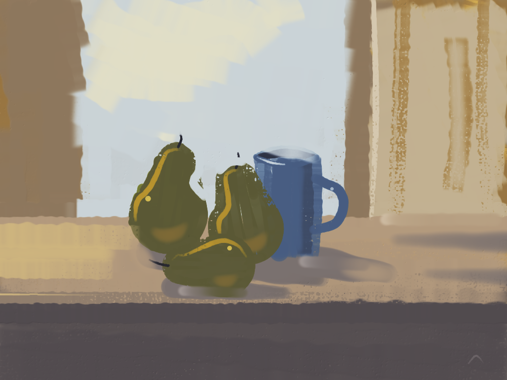 Three ripe pears on a kitchen windowsill in late-afternoon light, a chipped blue enamel mug behind them and a half-drawn curtain at the right