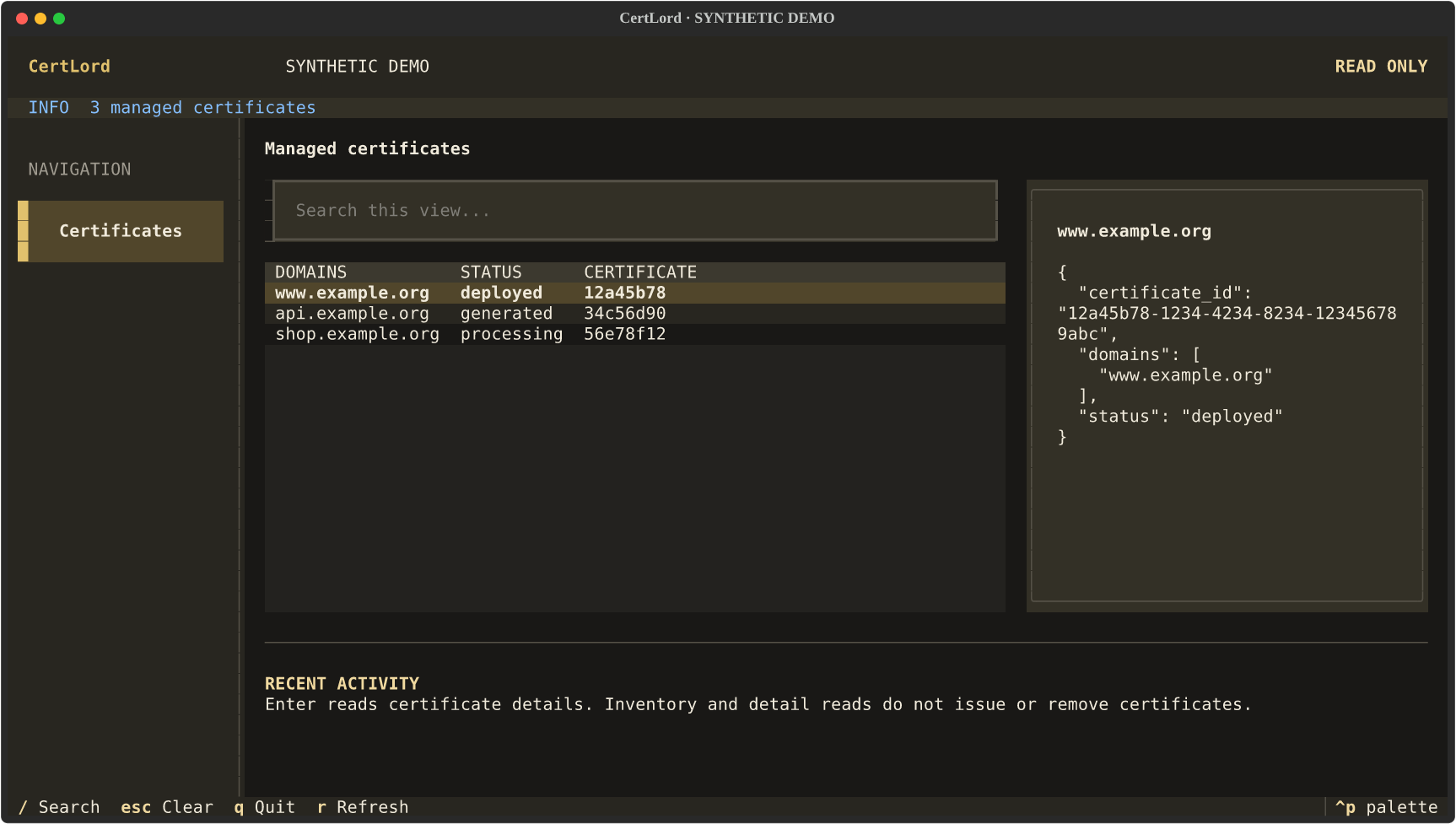 CertLord terminal inventory with demonstration certificates