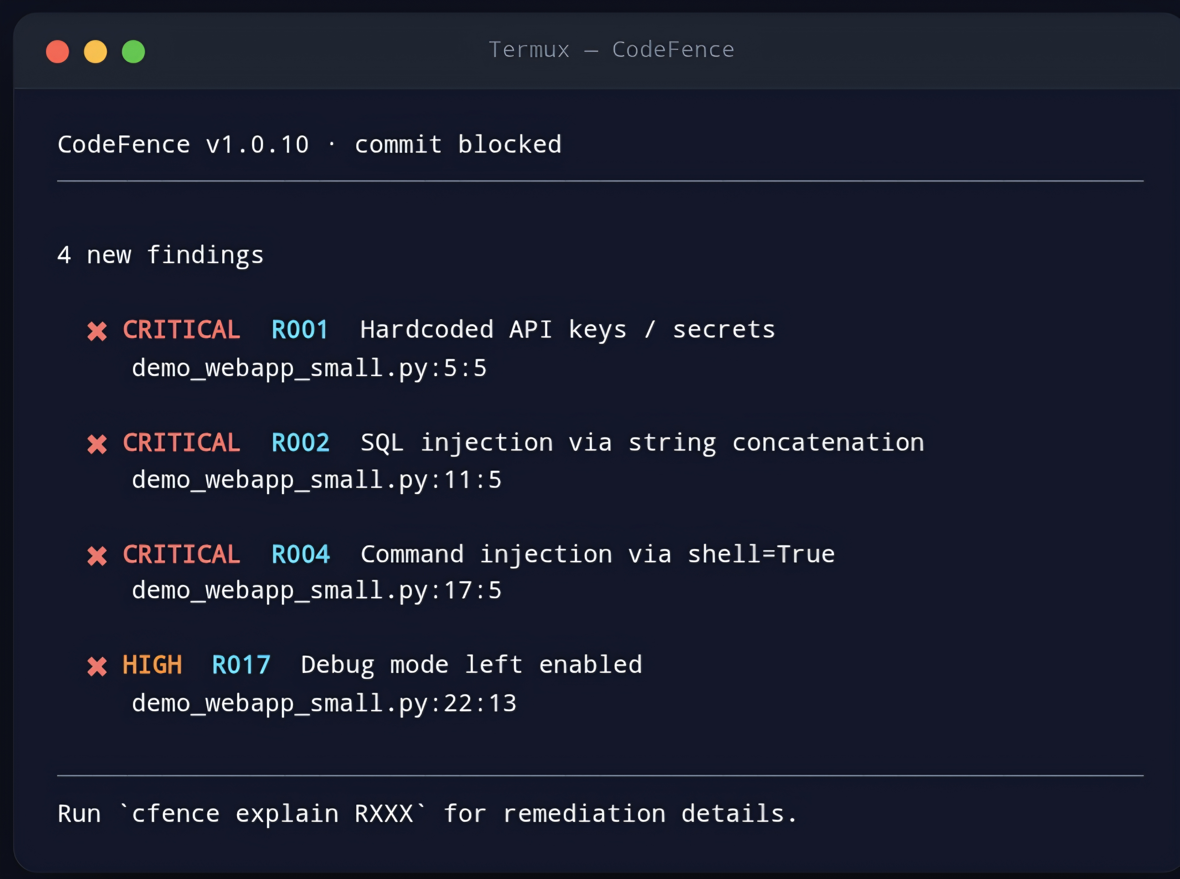 CodeFence v1.0.11 blocking a git commit: 4 findings including hardcoded API keys, SQL injection, and command injection