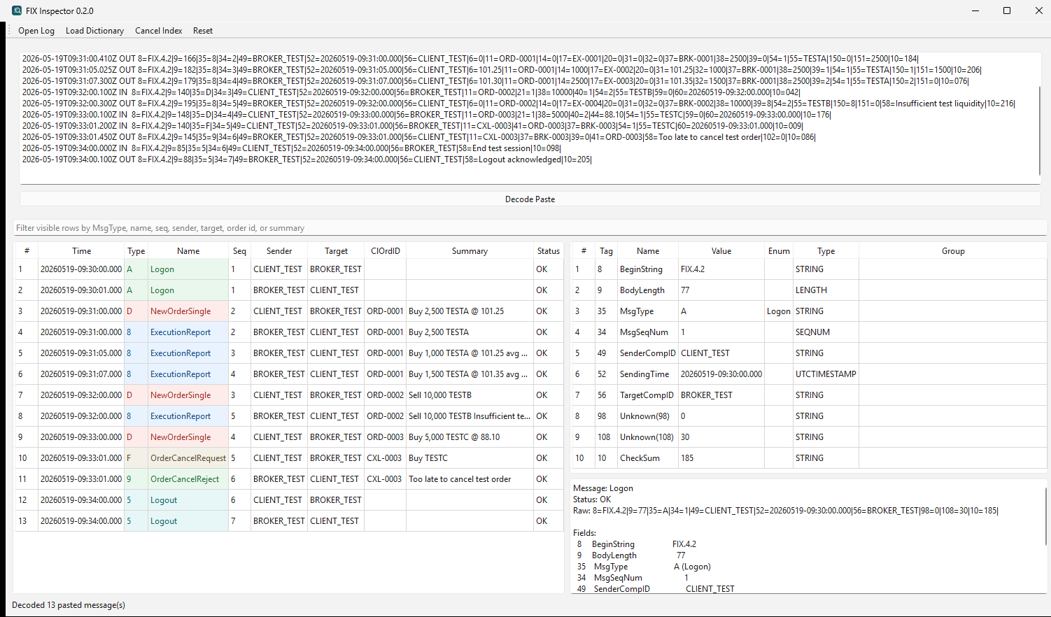FIX Inspector main window