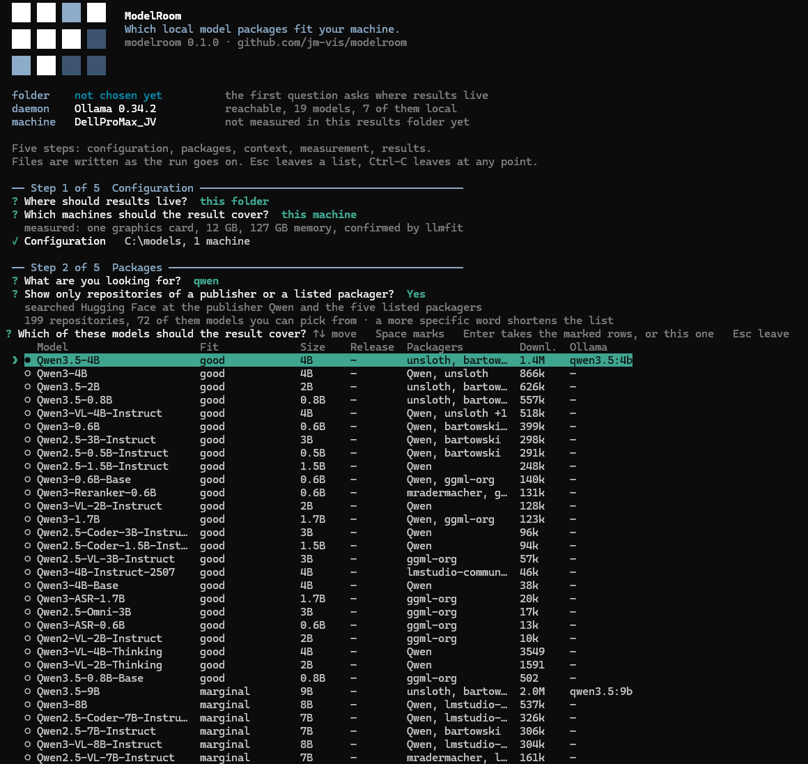 Step 2: the list of models, one row per model that can be picked