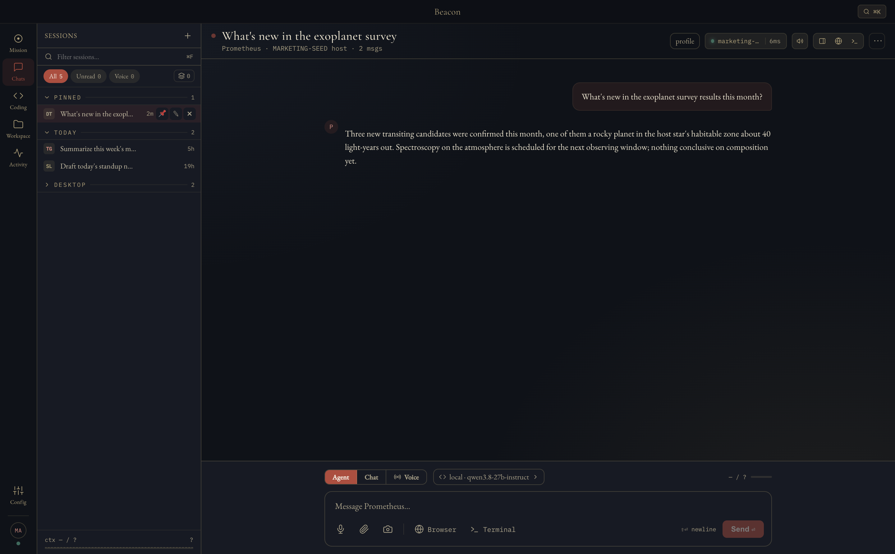 A finished reply from a local model in Beacon — the session list, the answer, and the composer's Agent / Chat / Voice toggle and model picker