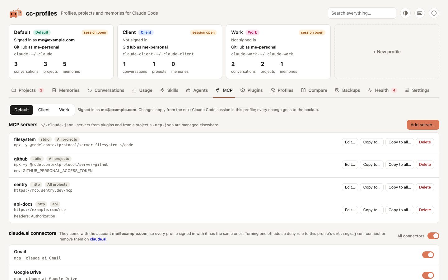 The MCP tab: the MCP servers of a profile with their type, command or URL, and where they are available, and the claude.ai connectors with a switch each