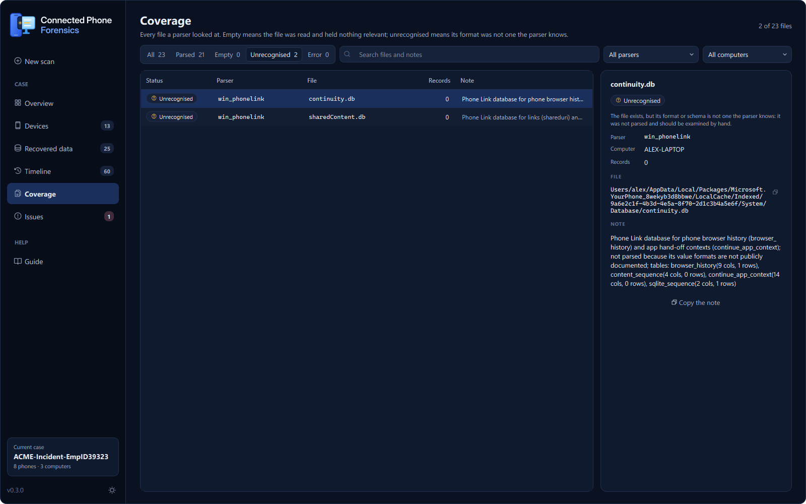 Coverage: every evidence file read and its parse status