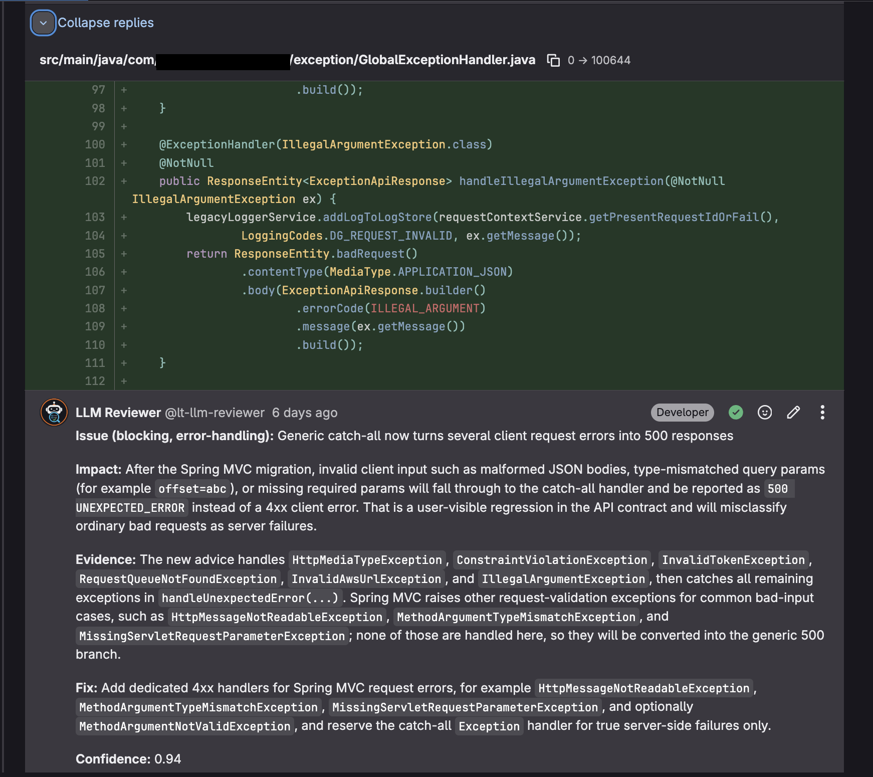 Sanitized inline finding — exception handler