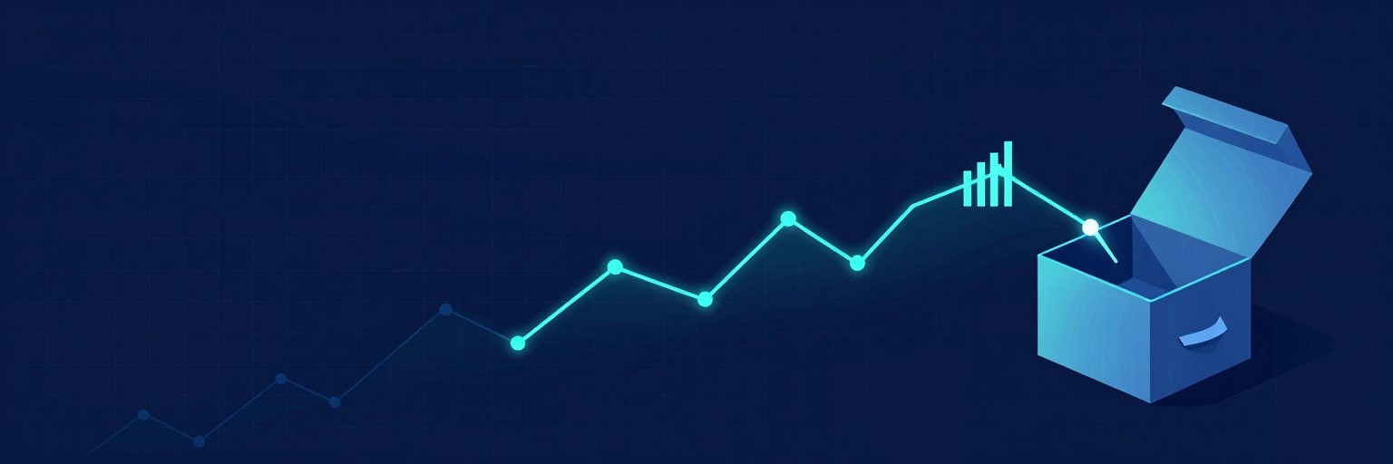 A glowing line chart on a dark blue background runs into an open box that catches the data points